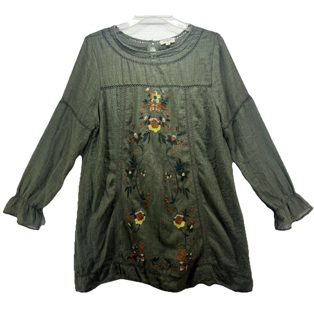 UMGEE Boho Bliss Floral Womens‎ L Embroidered Waterfall Bell Sleeve Tunic Dress